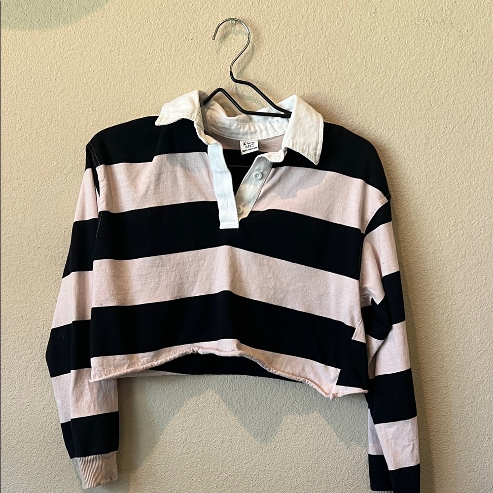 Trendy Black and Pink cropped rugby Long Sleeve Top